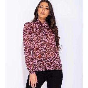 Pink & black leopard long sleeve blouse cat neck bow tie business casual XS sz 2